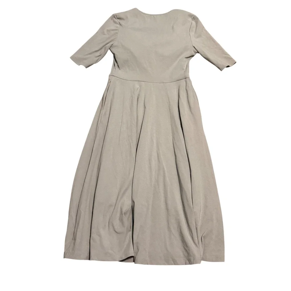 OGL Stretch Cotton V-Neck Elbow Sleeve Midi Bra Dress Pockets Women L Gray NEW - Picture 2 of 6